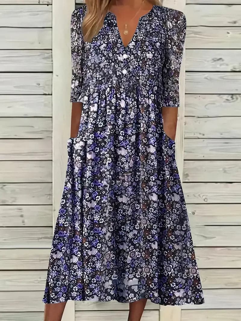 Valenzora | Midikleid, A-Linie, V-Ausschnitt, 3/4-Ärmel, Blumenmuster