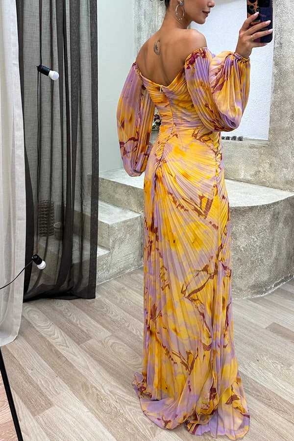 Valenzora | Sunset Serenade Printed Off-Shoulder Maxi Dress with Diamond Embellishments and Pleated Skirts with Slits