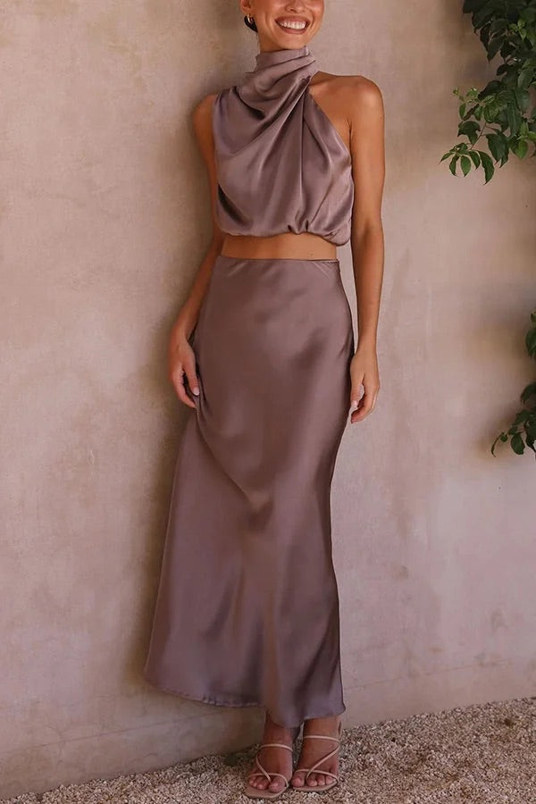 Valenzora | Such a mood High-necked satin draped maxi skirt set