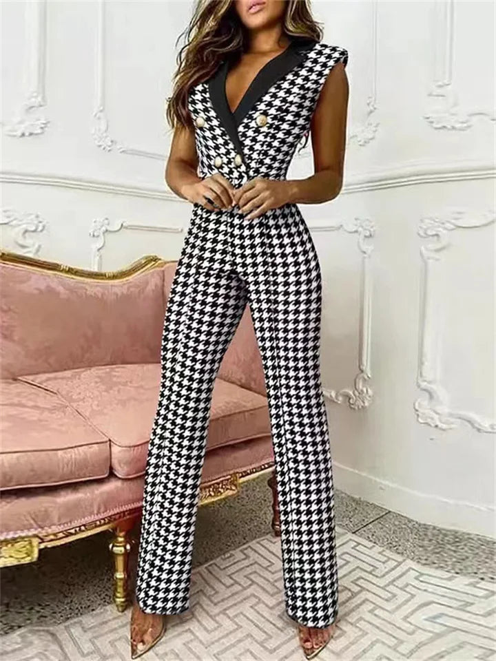 Valenzora | Jumpsuit mit V-Ausschnitt und Hahnentrittmuster