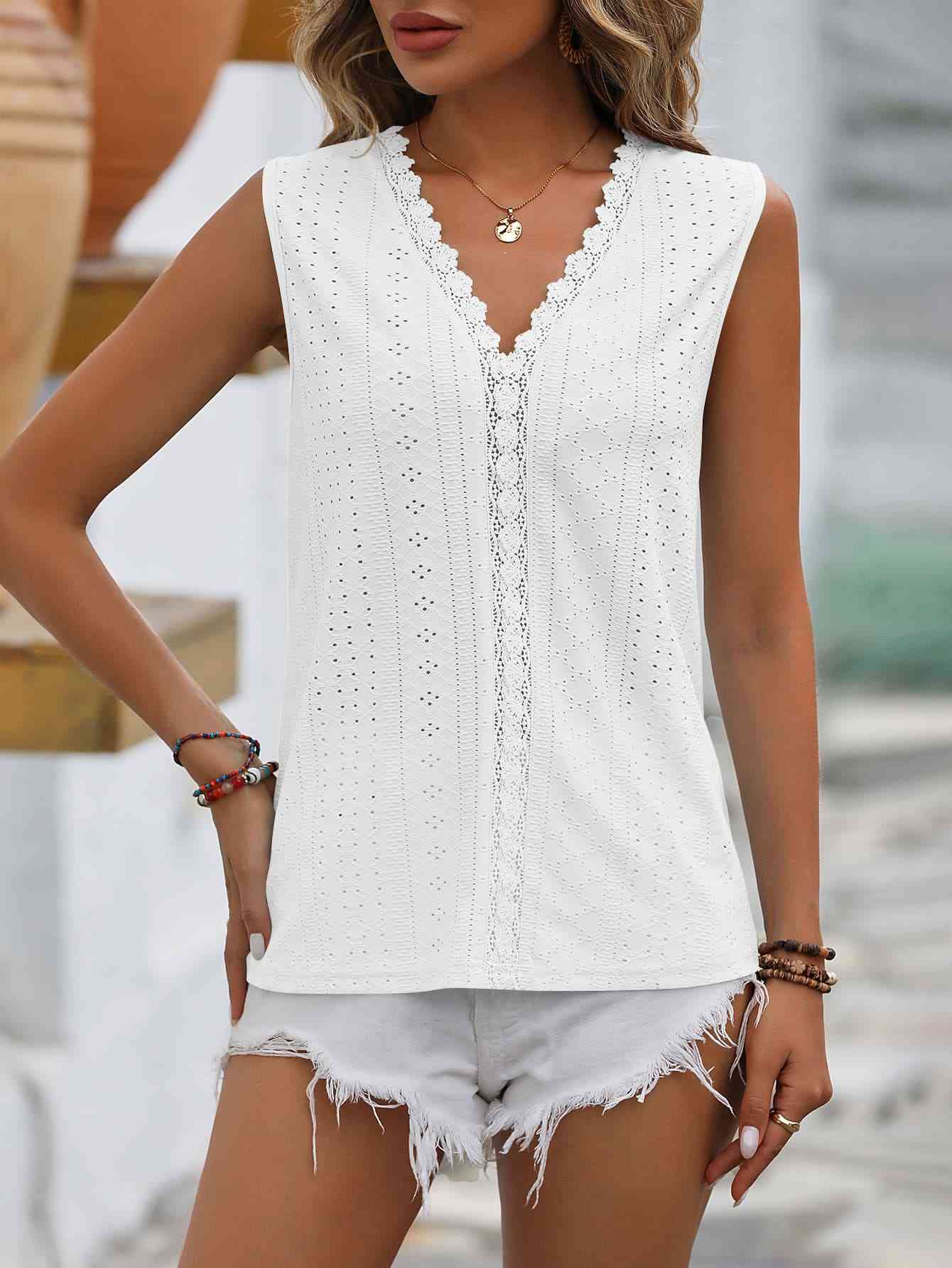 Valenzora | Split Lace V-Neck Sleeveless Shirt