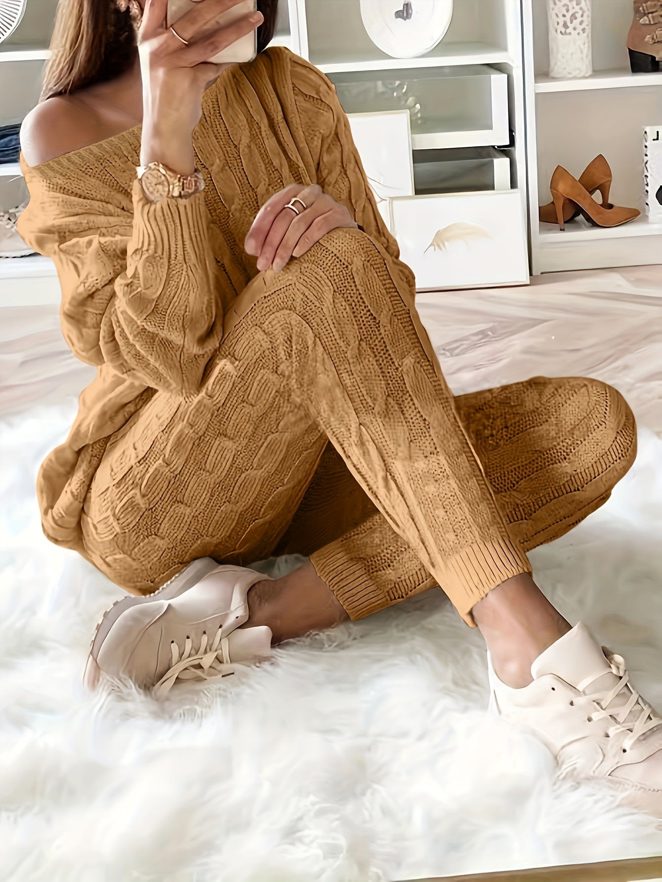 Valenzora Knitted Matching Sweatshirt & Trousers Outfit Two-Piece Set