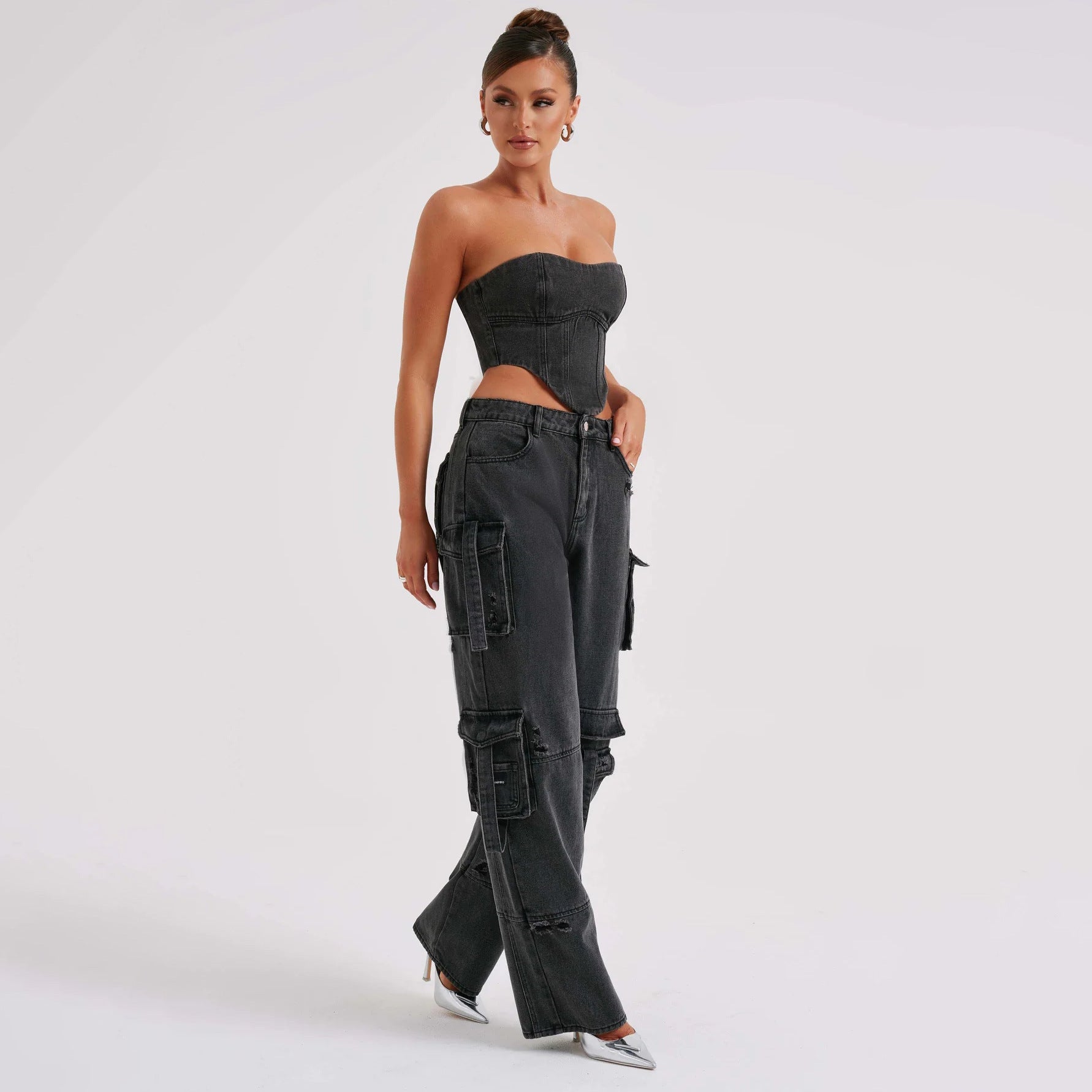 Valenzora | Jeansanzug Sommer Sexy Rückenfreies Tube Top und Cargohose mit Mehreren Taschen Modischer Langer Hosenanzug Damenbekleidung