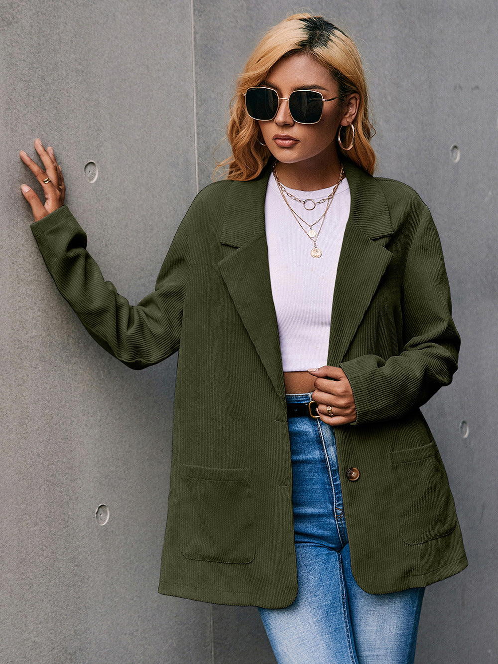 Valenzora | Corduroy Long-Sleeve Longline Blazer with Pockets