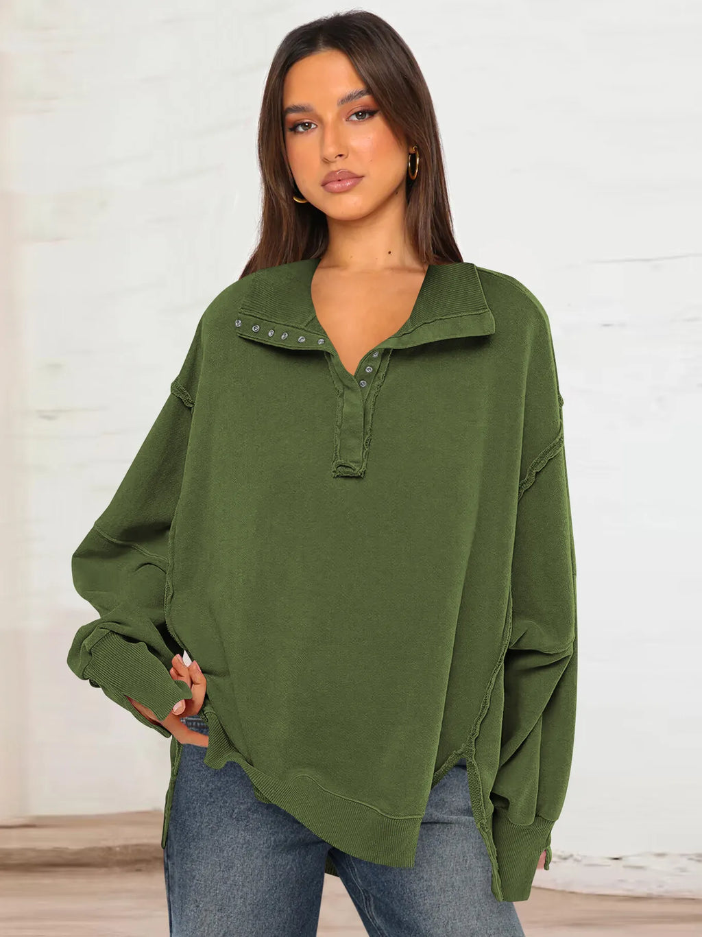 Valenzora - Lässiges Sweatshirt mit Knöpfen und Laternenärmeln