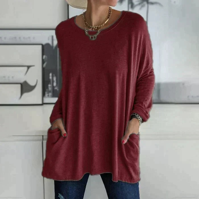 Valenzora | Fashionable tunic top with pockets - Relaxed fit, round neck, long sleeves