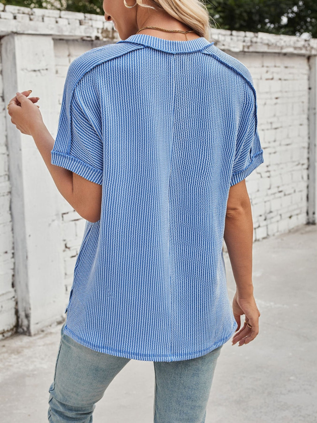 Valenzora | Corduroy V-neck short-sleeved T-shirt