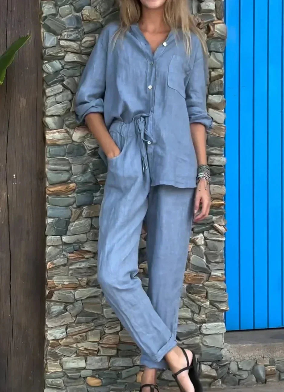 Valenzora | Lässiges V-Ausschnitt-Shirt & Hose aus Baumwoll-Leinen-Set