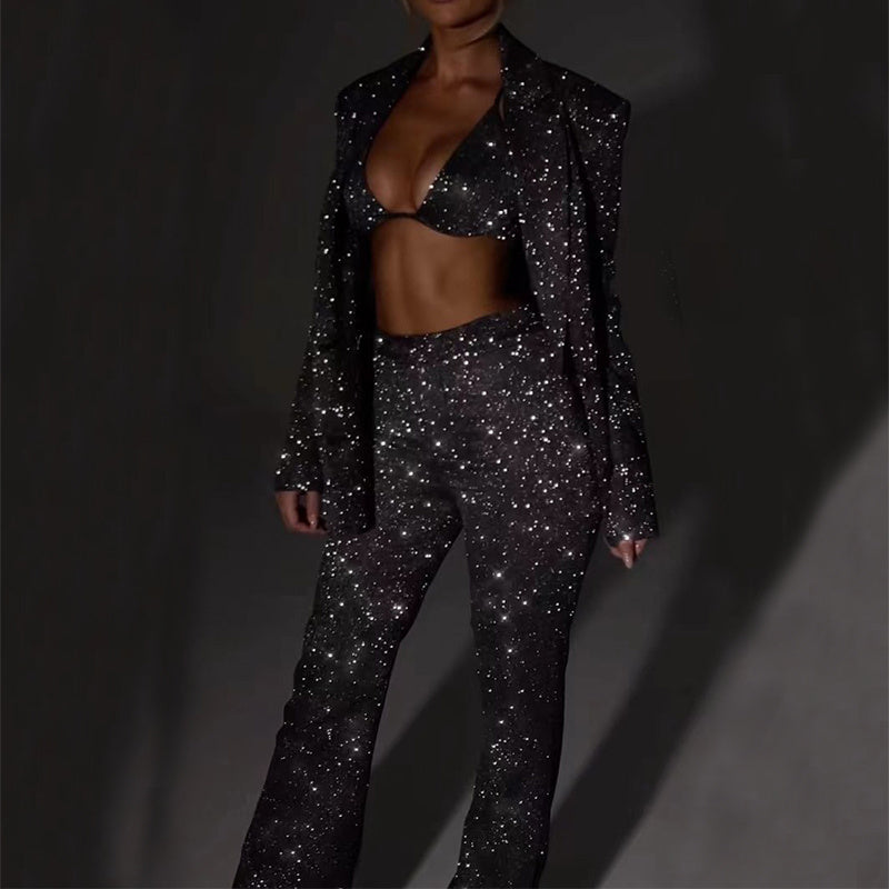 Valenzora | Glänzendes Damenanzugset mit Blazer und gerader Hose für Partys
