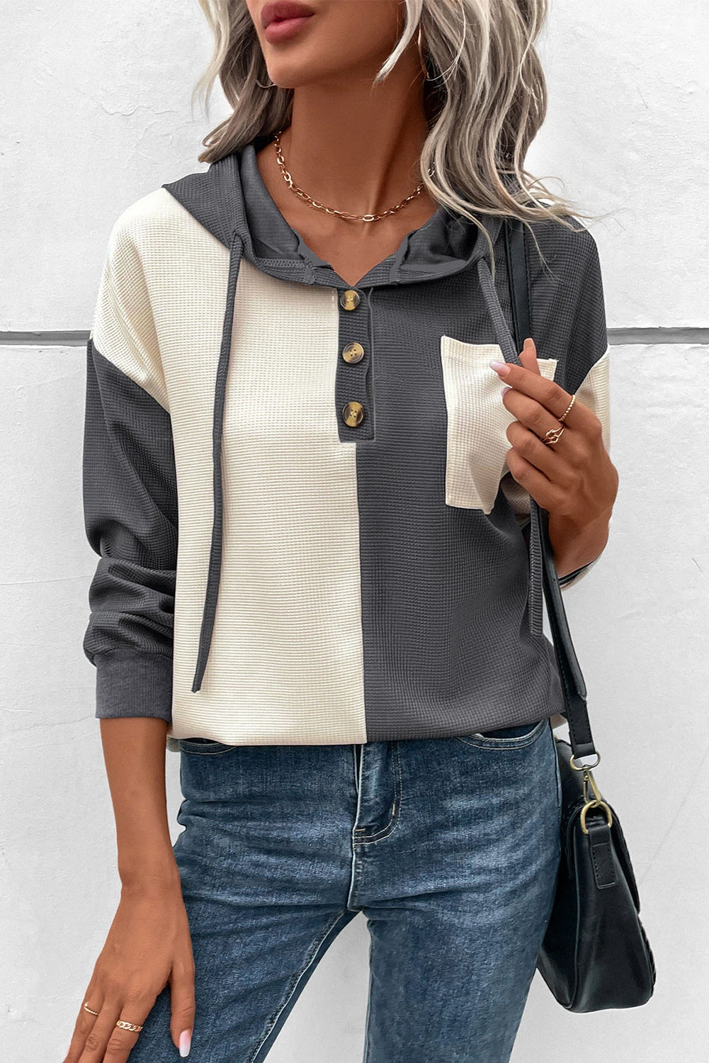 Valenzora | Waffle Hoodie with Button Placket for Women