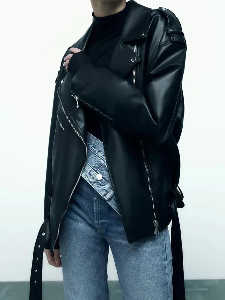 Valenzora | PU Leather Jacket with Belt and Zipper