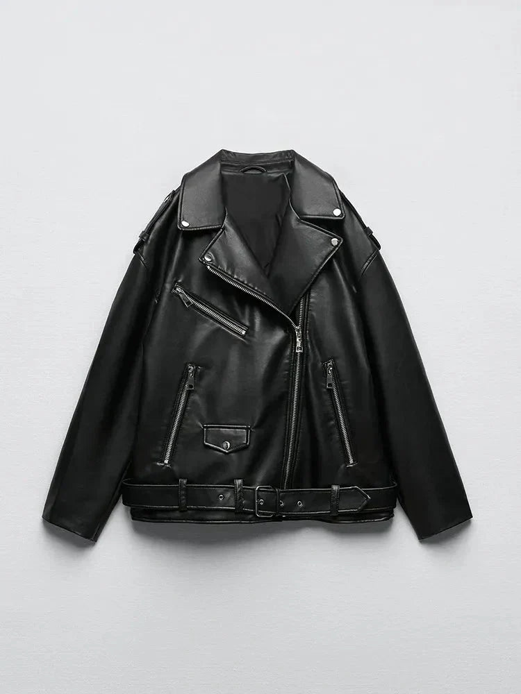 Valenzora | PU Leather Jacket with Belt and Zipper