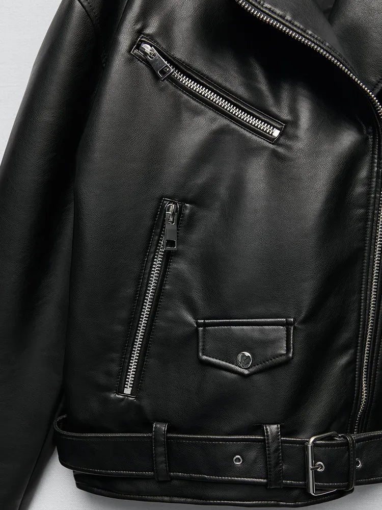 Valenzora | PU Leather Jacket with Belt and Zipper