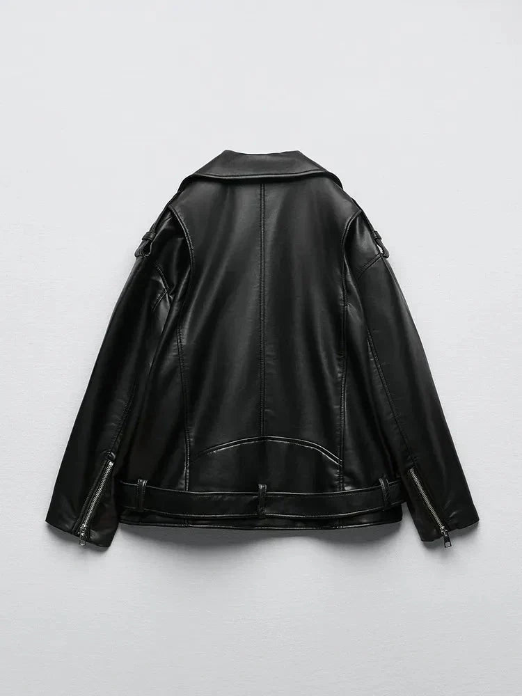 Valenzora | PU Leather Jacket with Belt and Zipper
