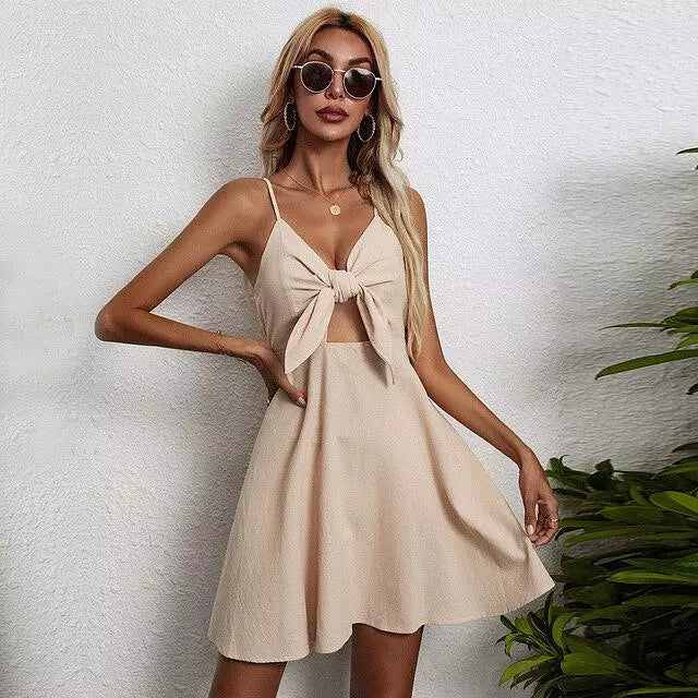 Valenzora | Fashion Cute V-Neck Cotton Linen Mini Dresses