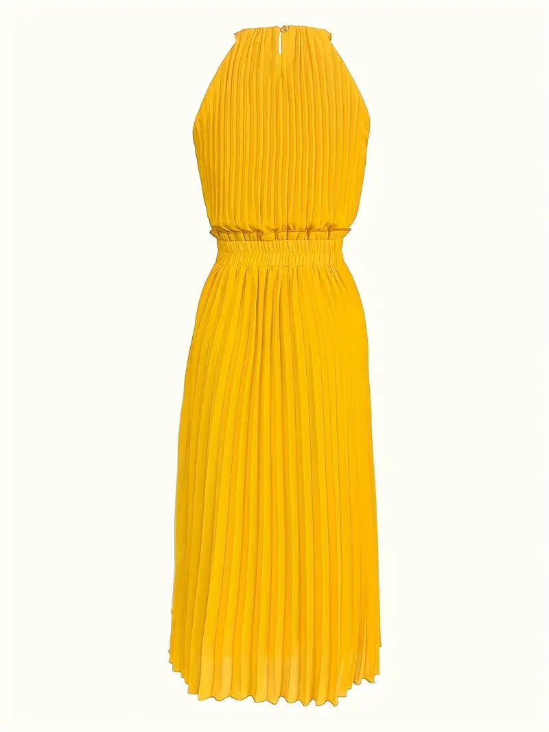 Valenzora | Elegant summer midi dress with round neckline and gathered waist