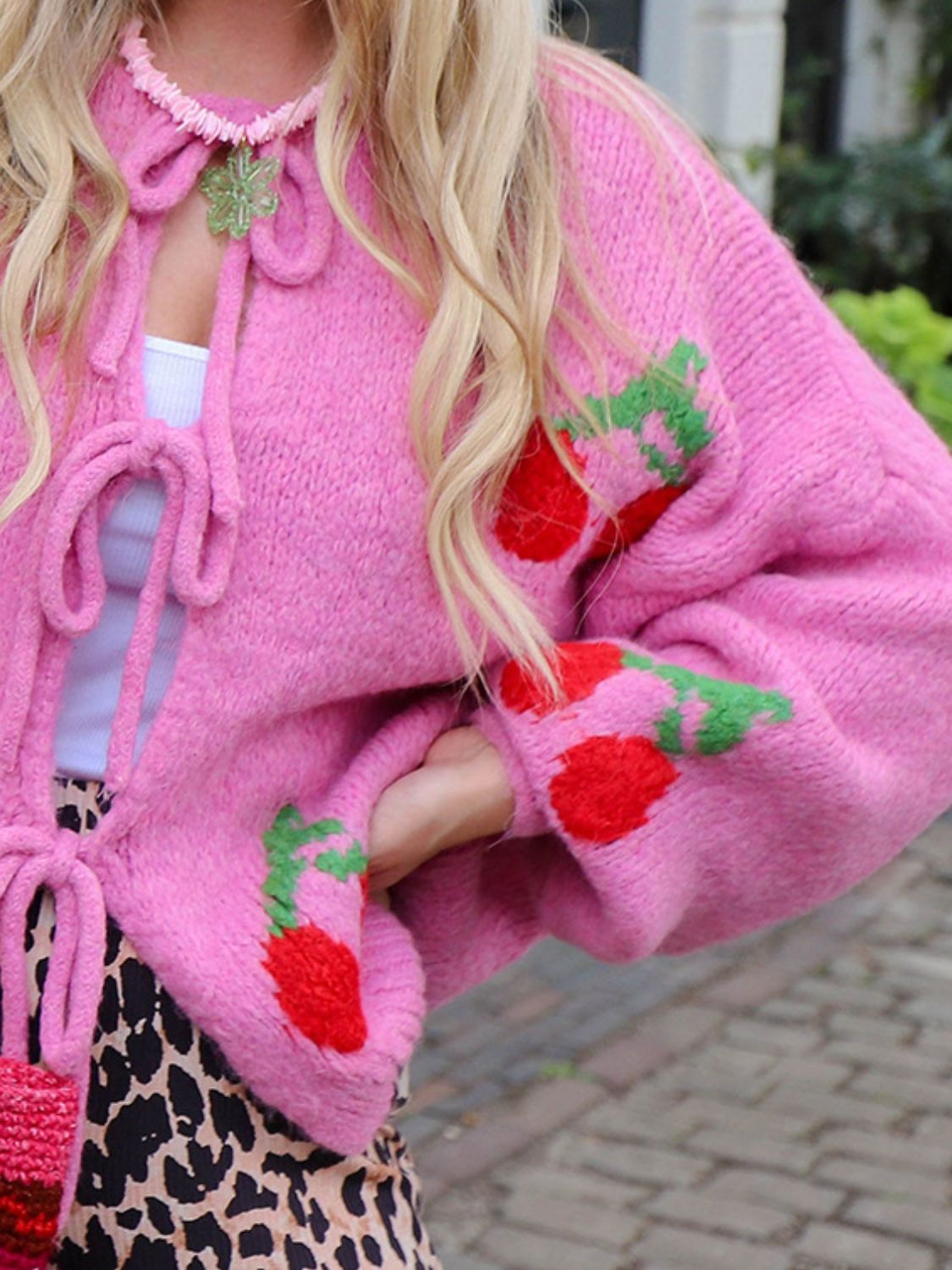 Valenzora | Bound Cherry Round Neck Long Sleeve Cardigan