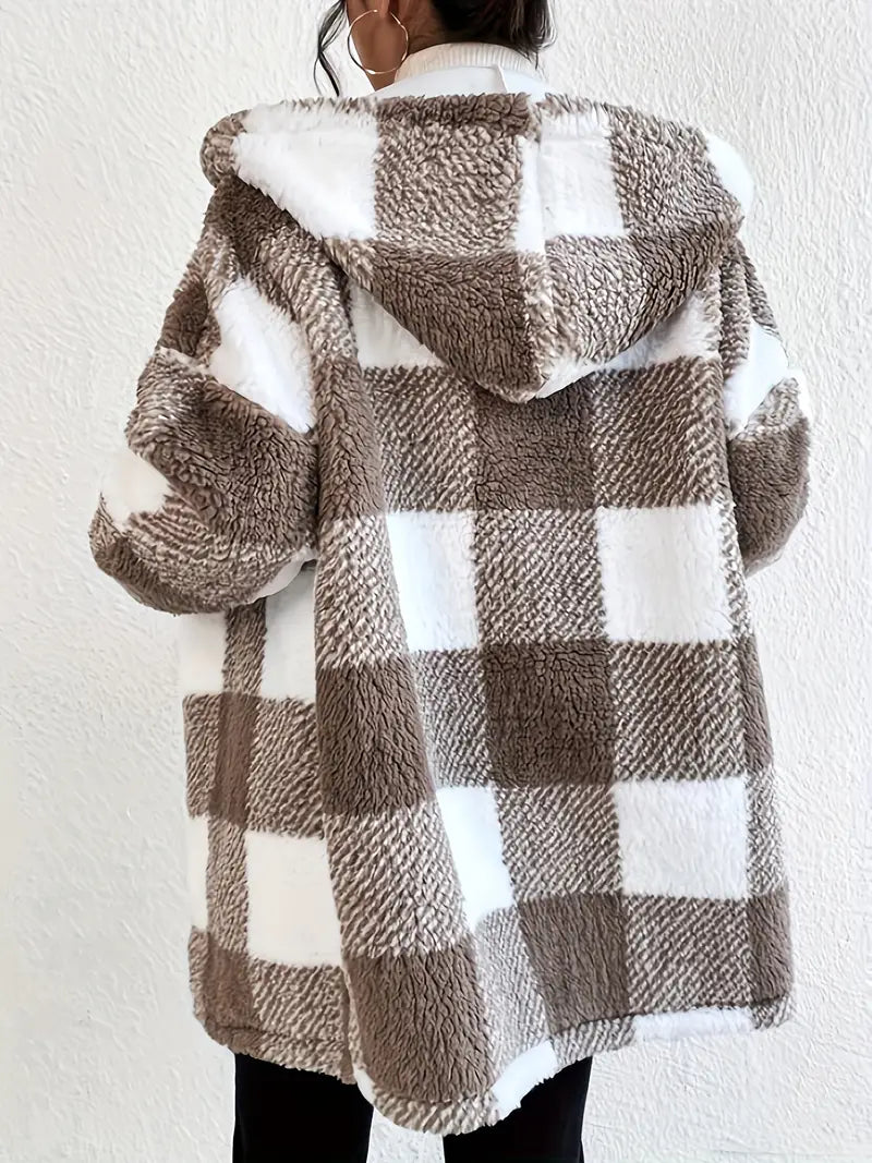 Valenzora | Checkered Teddy Hoodie Jacket | Warm and comfortable for winter