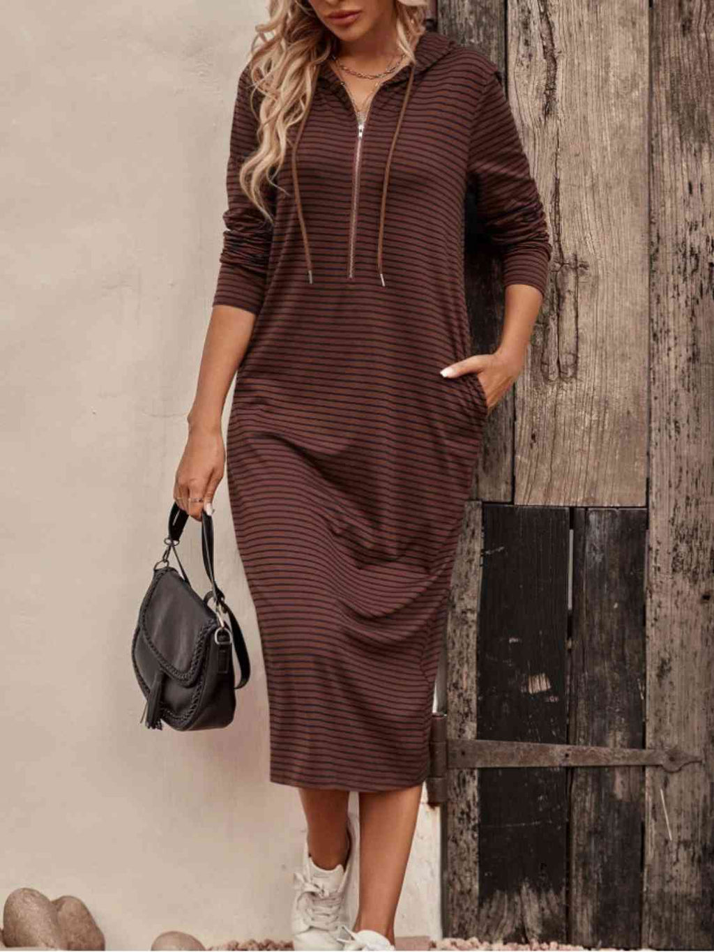 Valenzora | Striped Zip-Front Hooded Dress