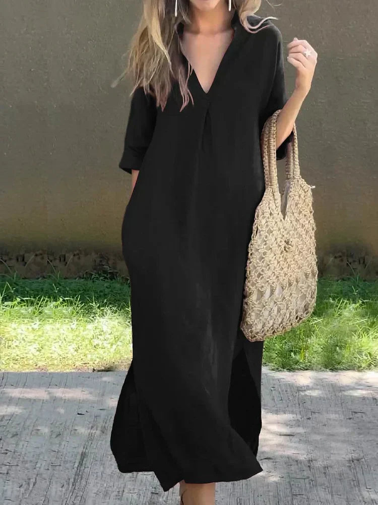 Valenzora | Schlichtes Leinenkleid mit V-Ausschnitt und Tasche