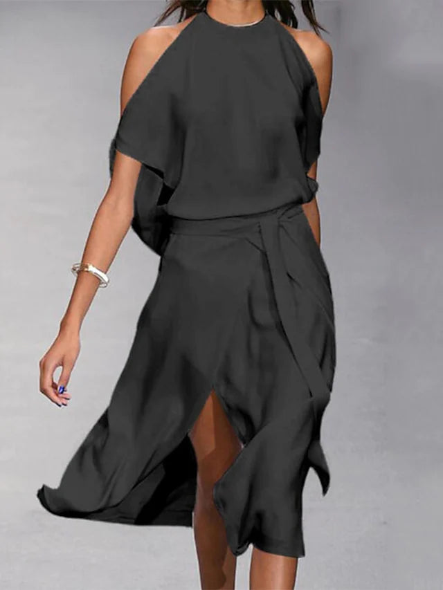 Valenzora | Midi dress, off-shoulder wrap style with front slit, elegant flowing fit