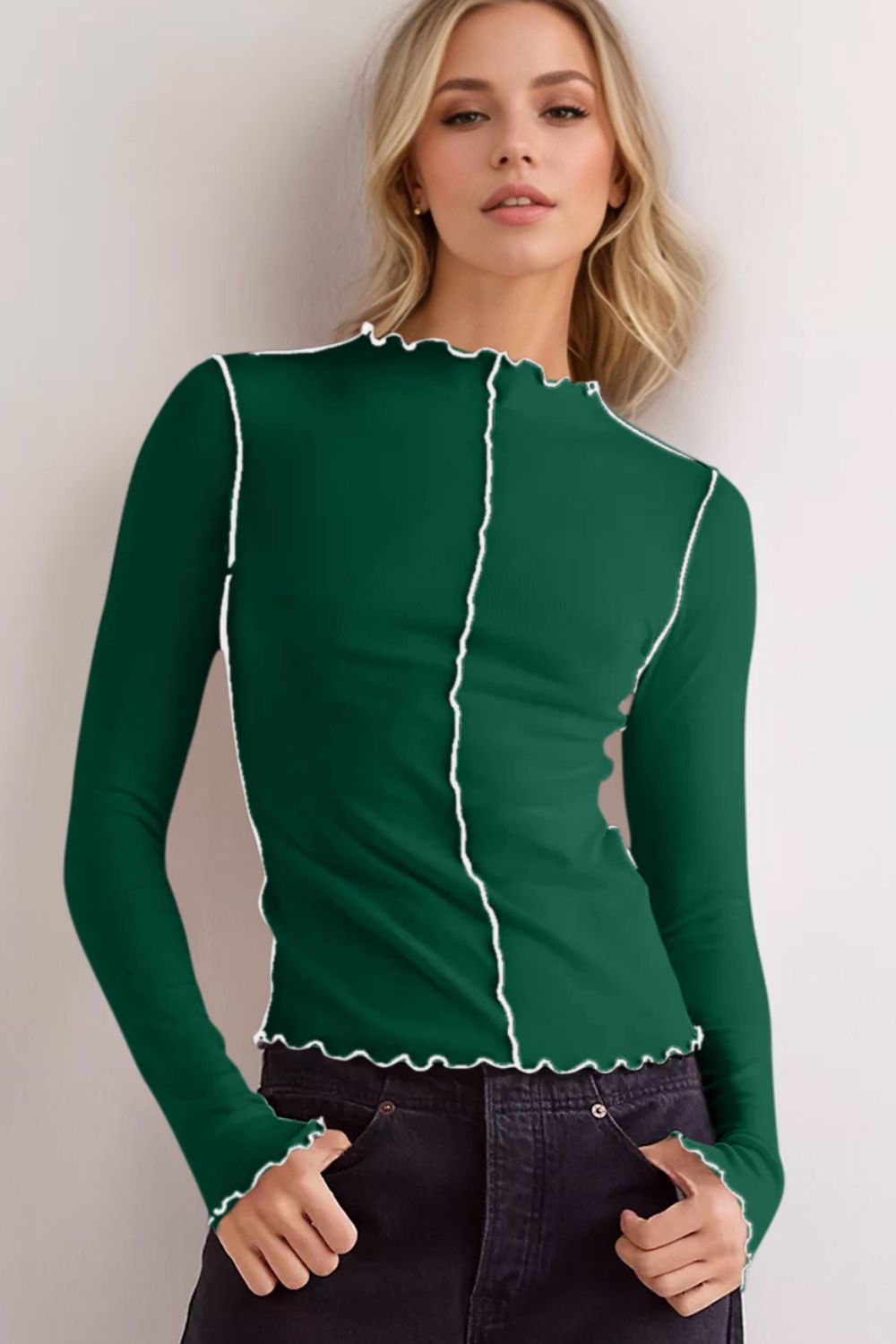 Valenzora | Basic Bae Contrast Trim Mock Neck Long Sleeve T-Shirt