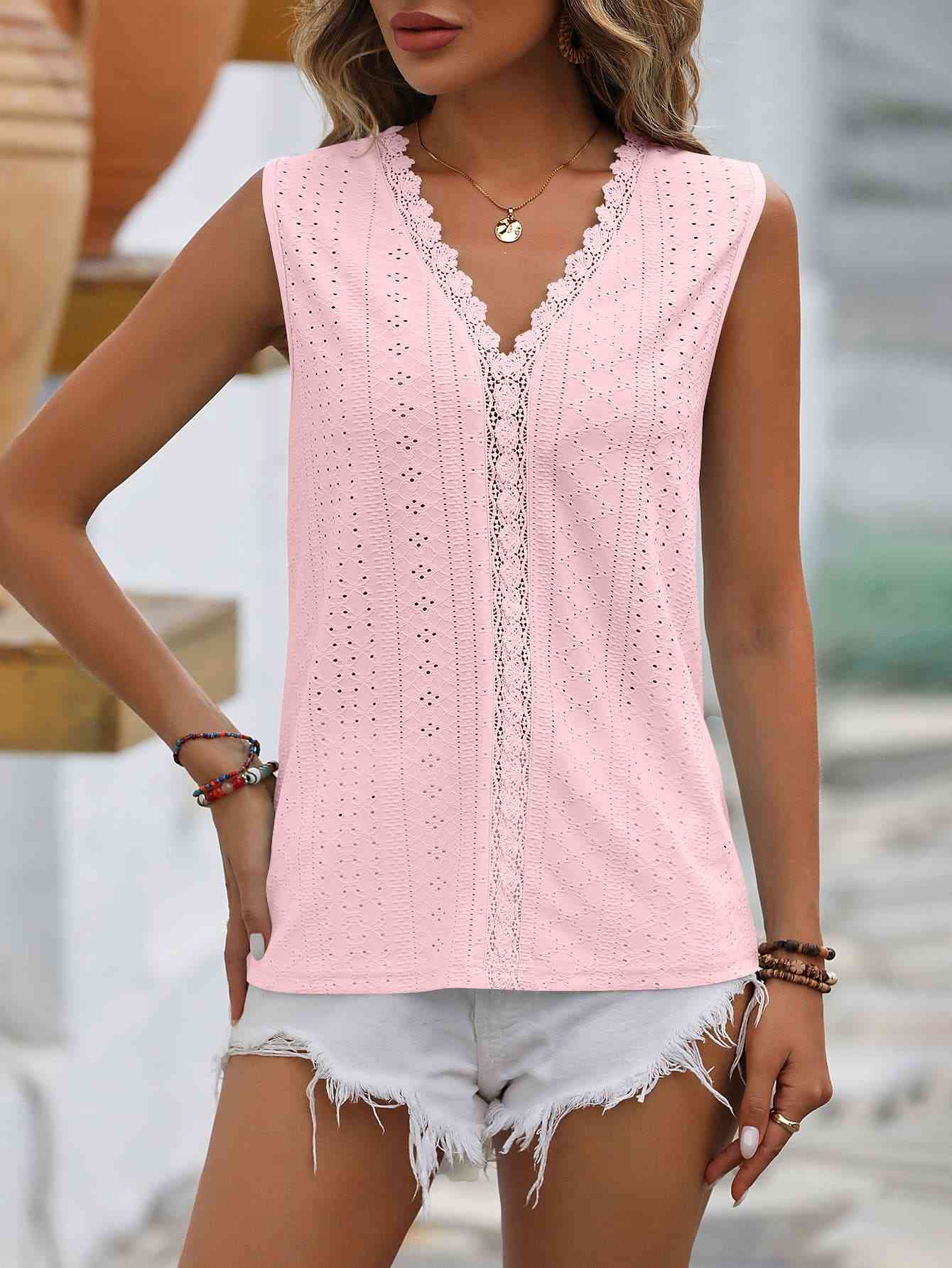 Valenzora | Split Lace V-Neck Sleeveless Shirt