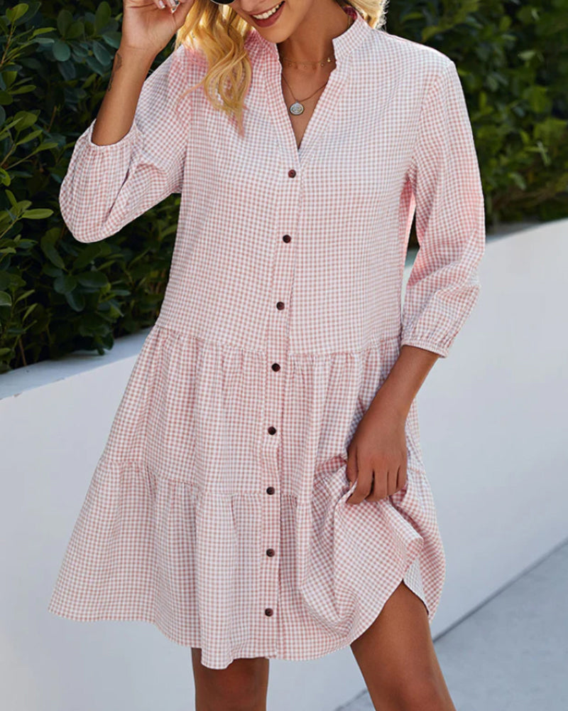 Valenzora - Checked A-line dress with button placket for women | resembles a shirt dress