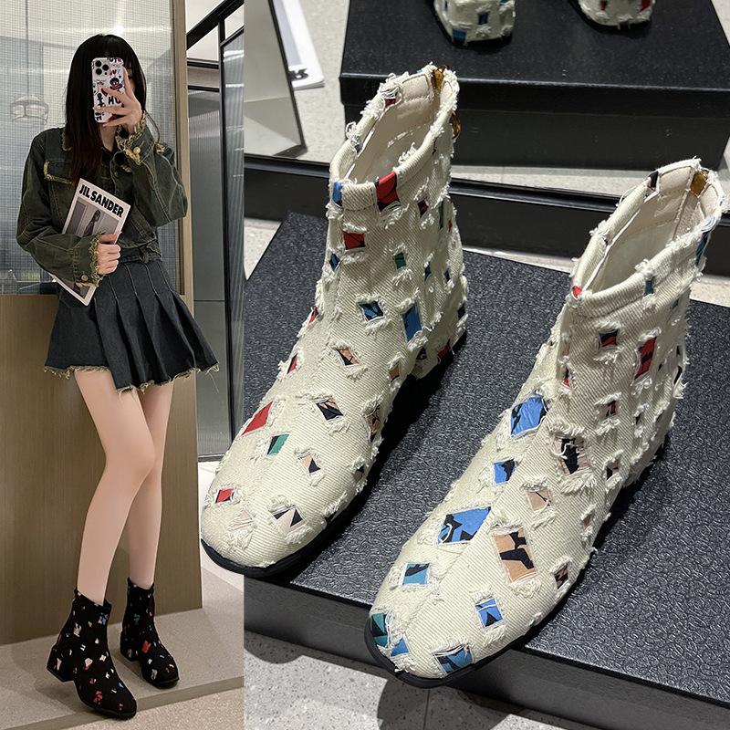 Modische Damen-Ankle-Boots mit kreativem geometrischem Print und elegantem Reißverschluss, Größe S