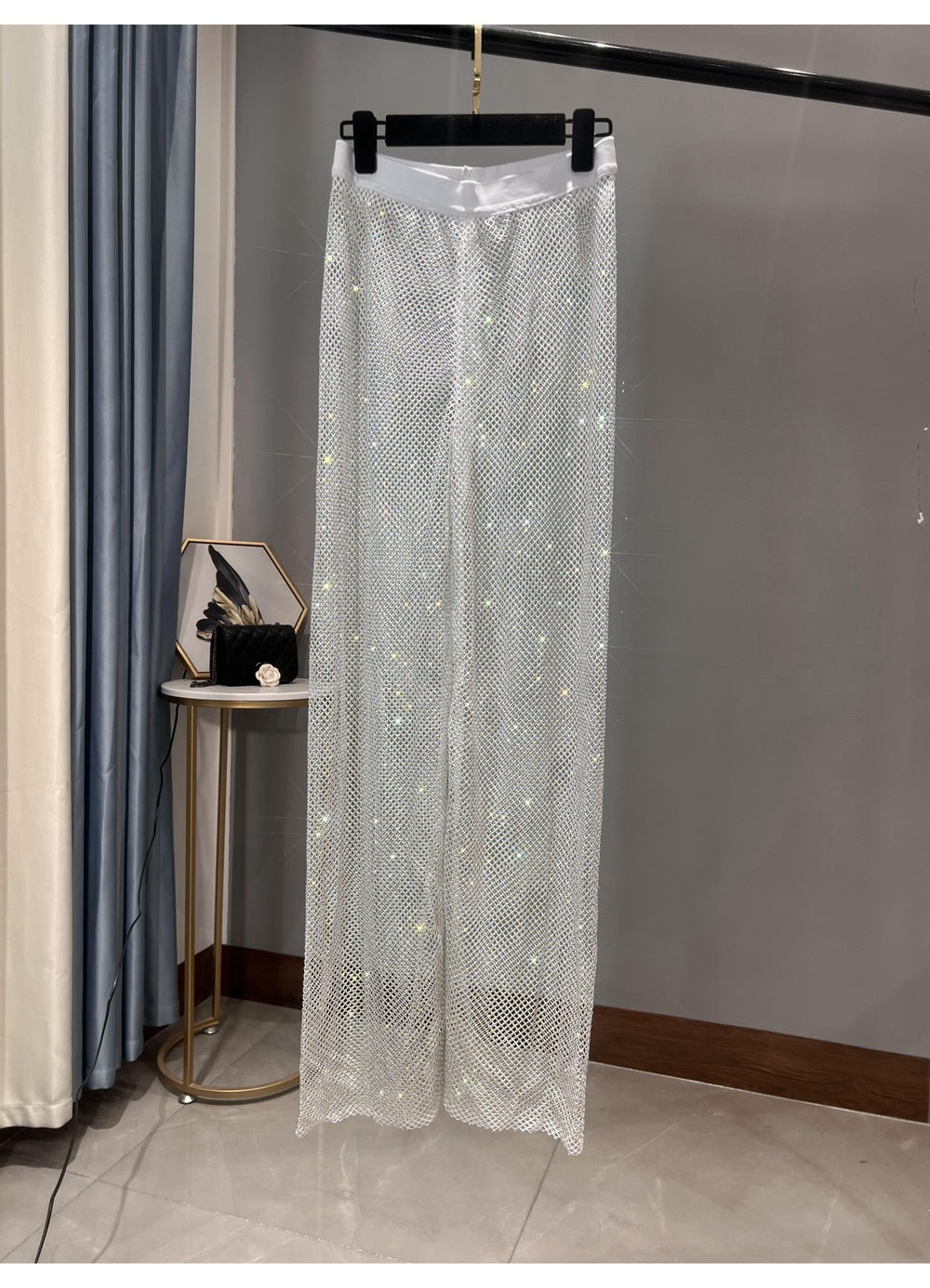 Valenzora | Rhinestone Straight Mesh Wide Leg Slim Fit Flattering Mop Pants