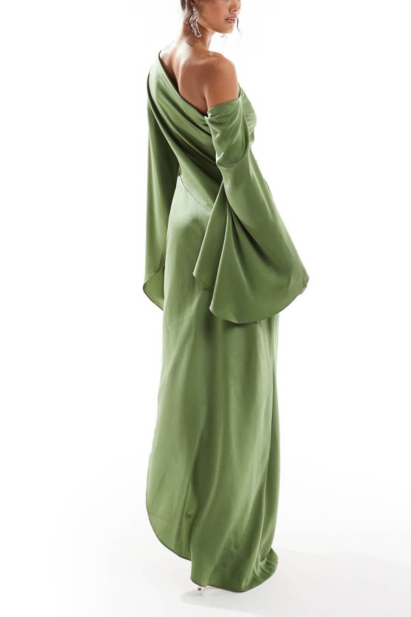 Valenzora | Zayla Satin-Maxikleid mit asymmetrischem One-Shoulder-Ausschnitt, Glockenärmeln und Schlitz