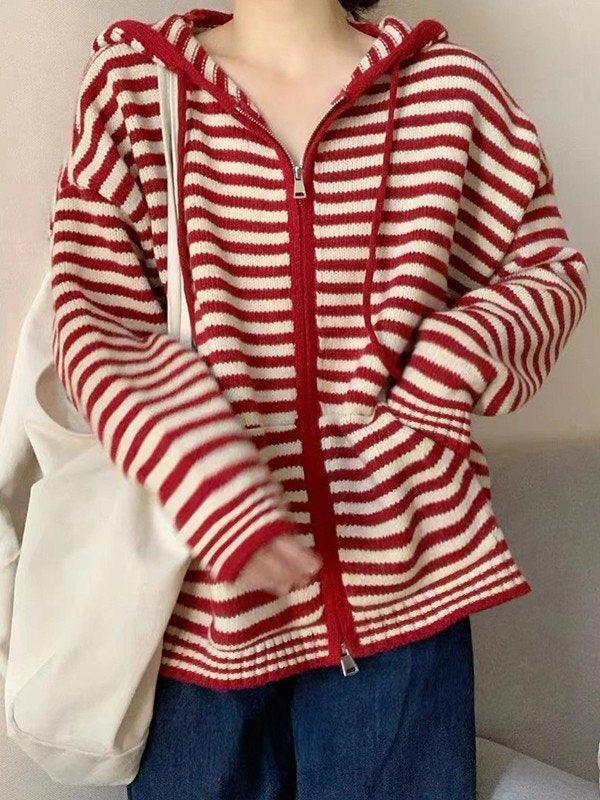 Valenzora | Hooded Striped Long Sleeve Knit Cardigan