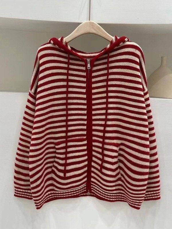Valenzora | Hooded Striped Long Sleeve Knit Cardigan