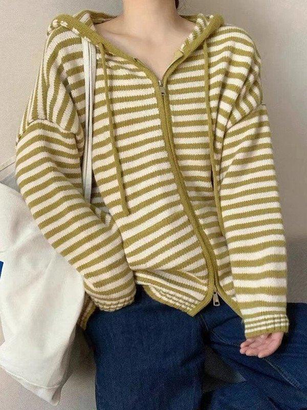 Valenzora | Hooded Striped Long Sleeve Knit Cardigan