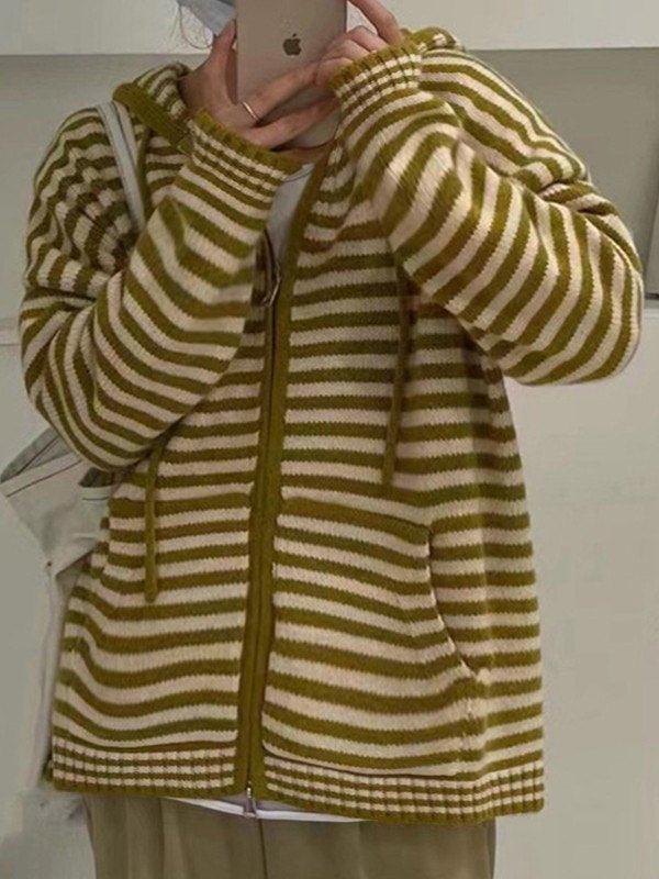 Valenzora | Hooded Striped Long Sleeve Knit Cardigan