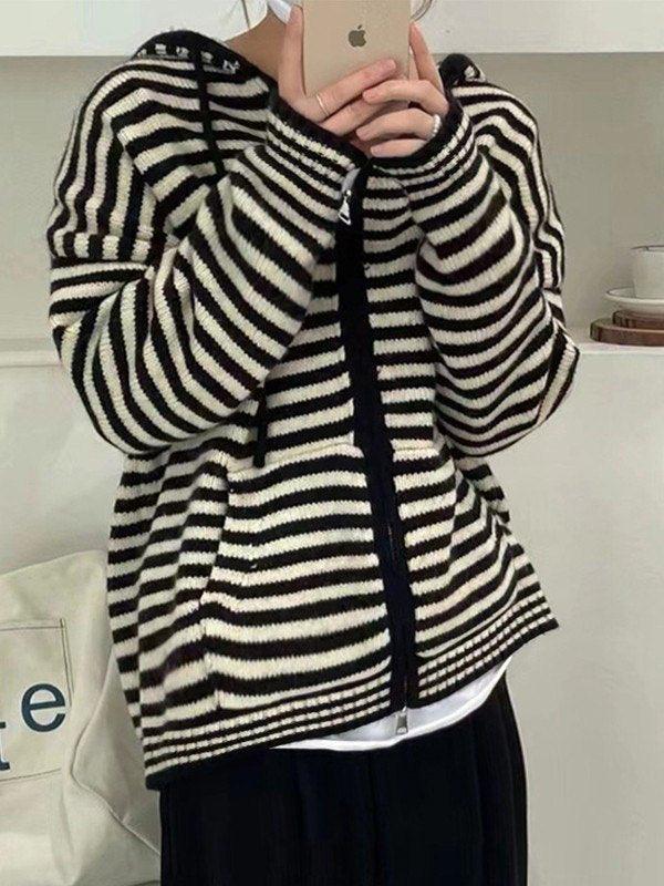 Valenzora | Hooded Striped Long Sleeve Knit Cardigan