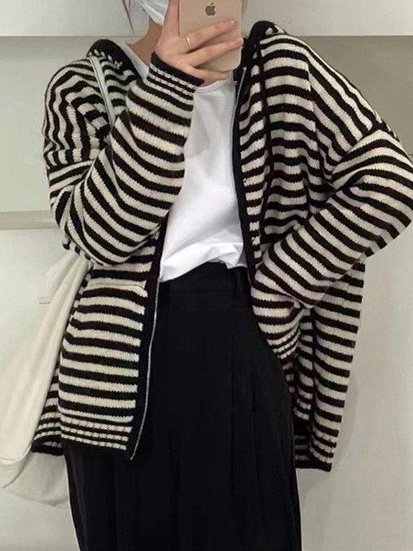 Valenzora | Hooded Striped Long Sleeve Knit Cardigan