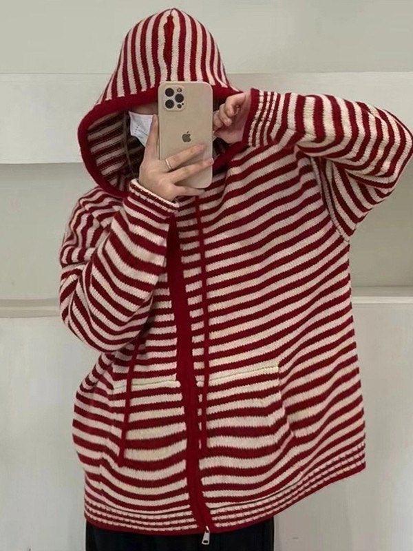 Valenzora | Hooded Striped Long Sleeve Knit Cardigan