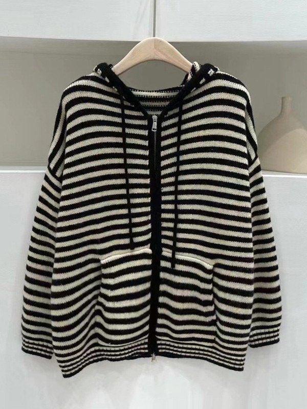 Valenzora | Hooded Striped Long Sleeve Knit Cardigan