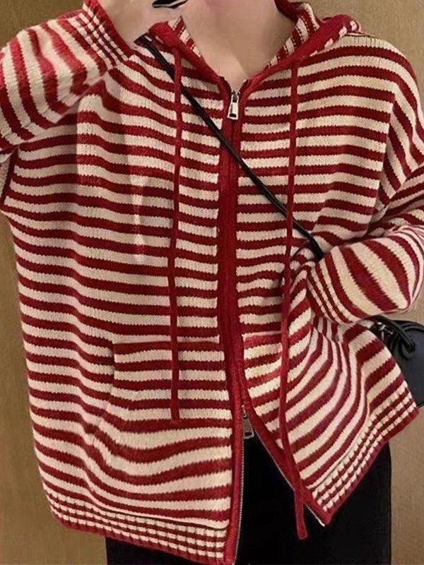 Valenzora | Hooded Striped Long Sleeve Knit Cardigan
