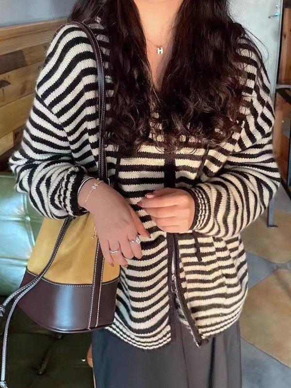 Valenzora | Hooded Striped Long Sleeve Knit Cardigan