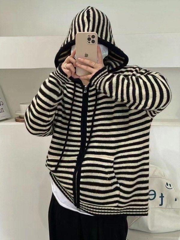 Valenzora | Hooded Striped Long Sleeve Knit Cardigan