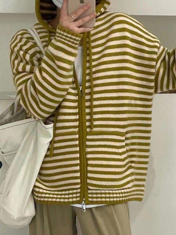 Valenzora | Hooded Striped Long Sleeve Knit Cardigan