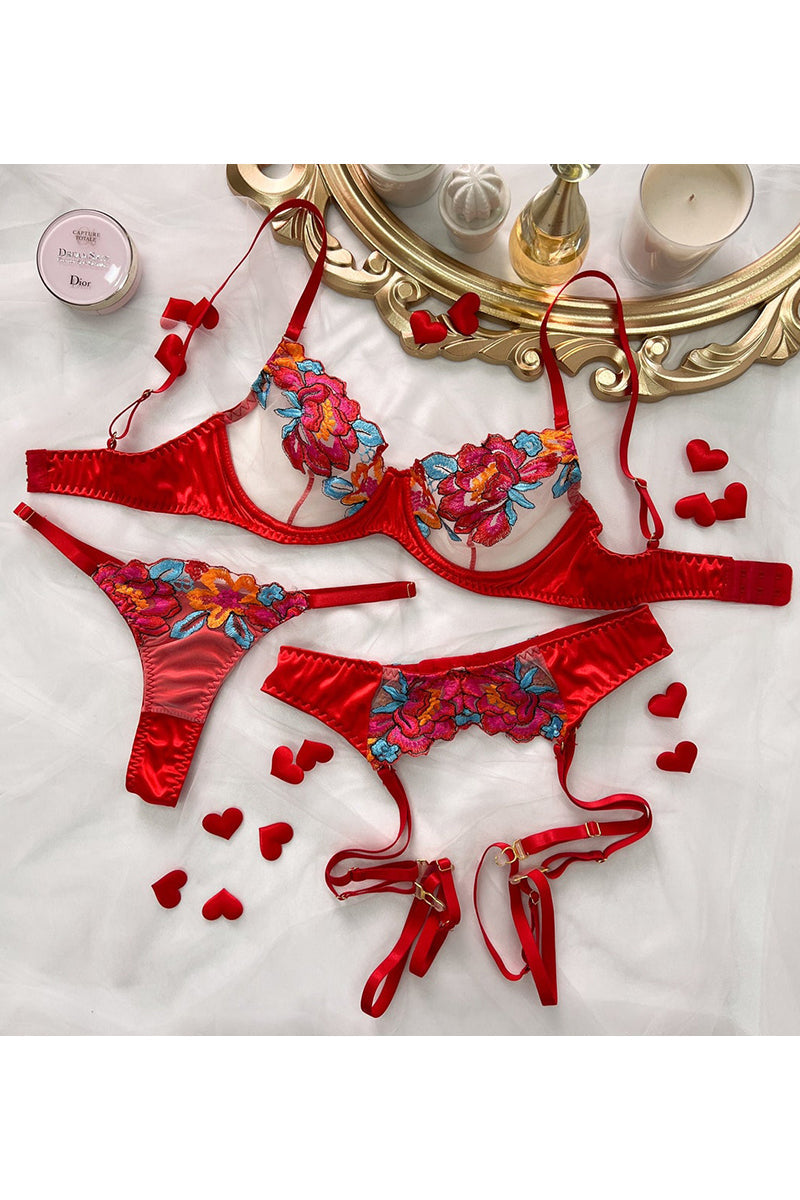 Valenzora | Satin-Sheer Blumen-Dessous-Set, 3-teilig