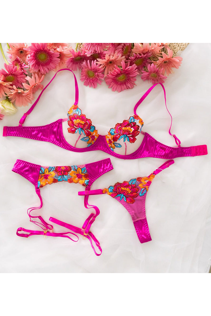 Valenzora | Satin-Sheer Blumen-Dessous-Set, 3-teilig