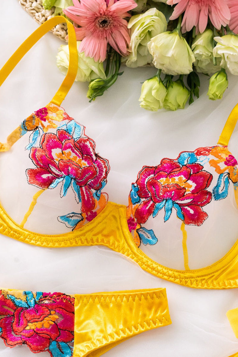 Valenzora | Satin-Sheer Blumen-Dessous-Set, 3-teilig