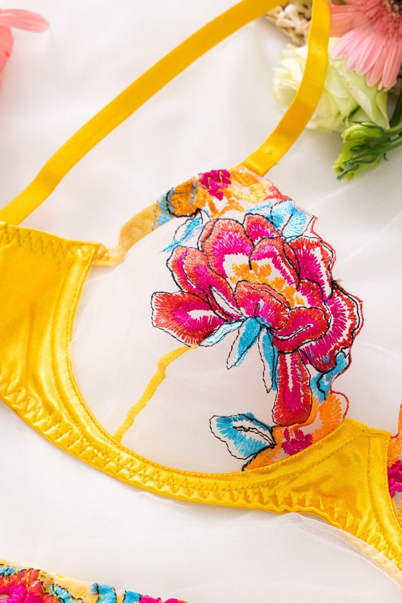 Valenzora | Satin-Sheer Blumen-Dessous-Set, 3-teilig