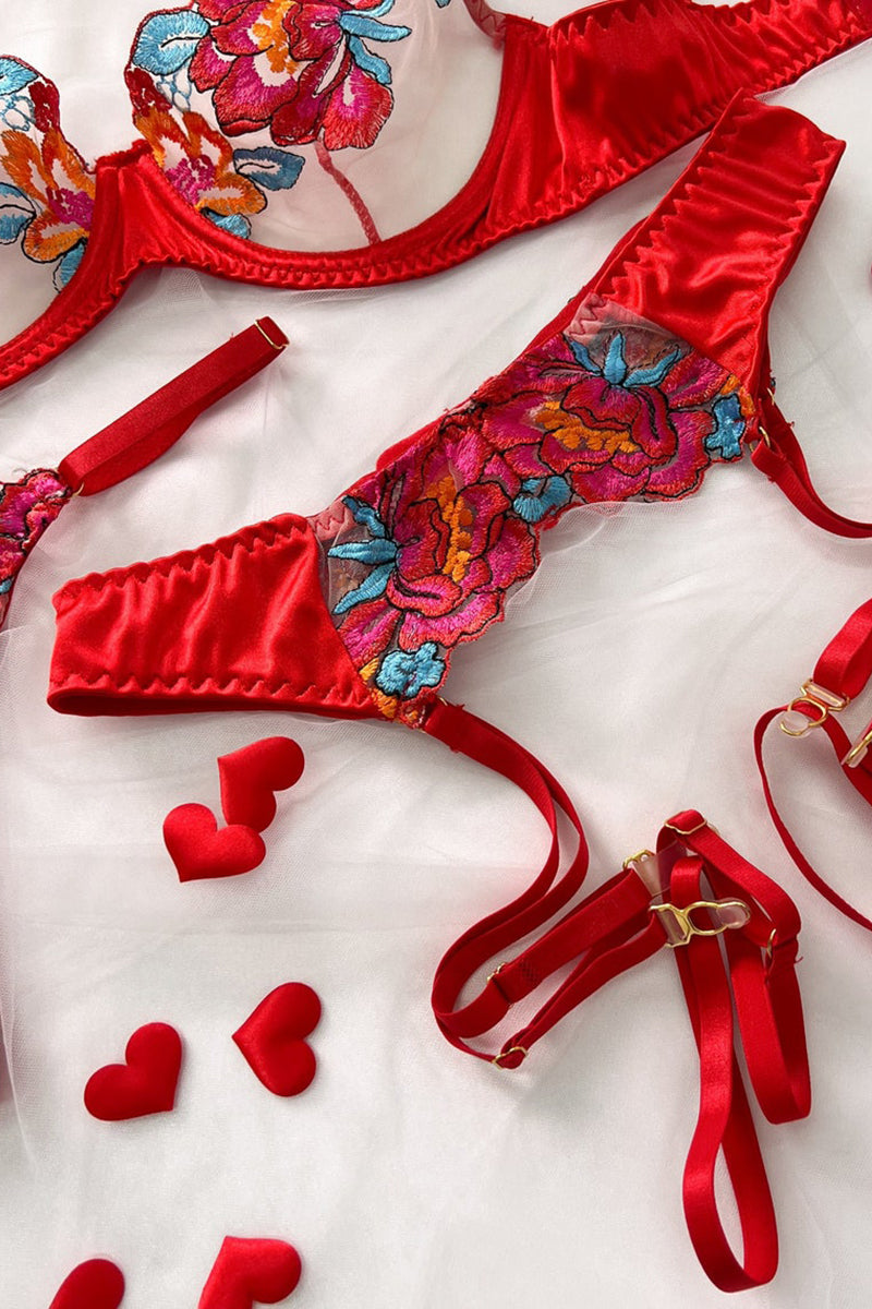 Valenzora | Satin-Sheer Blumen-Dessous-Set, 3-teilig
