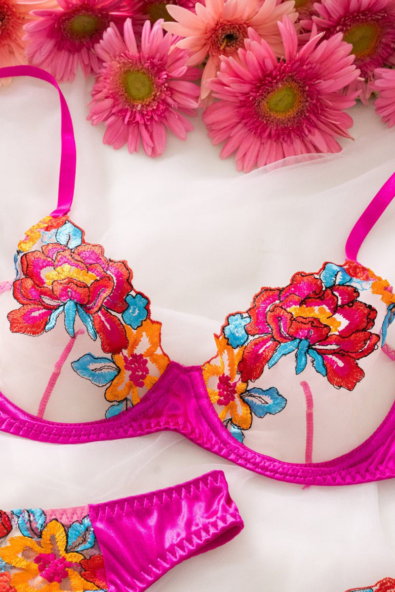 Valenzora | Satin-Sheer Blumen-Dessous-Set, 3-teilig