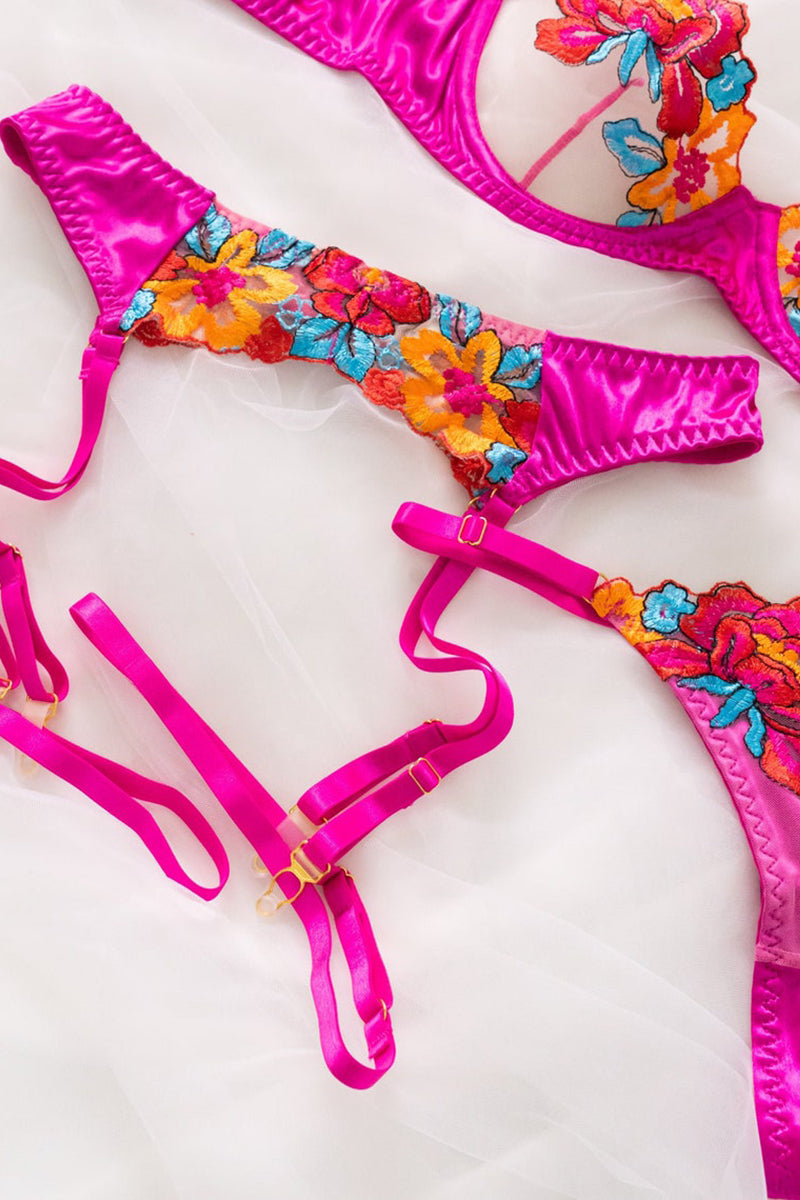 Valenzora | Satin-Sheer Blumen-Dessous-Set, 3-teilig
